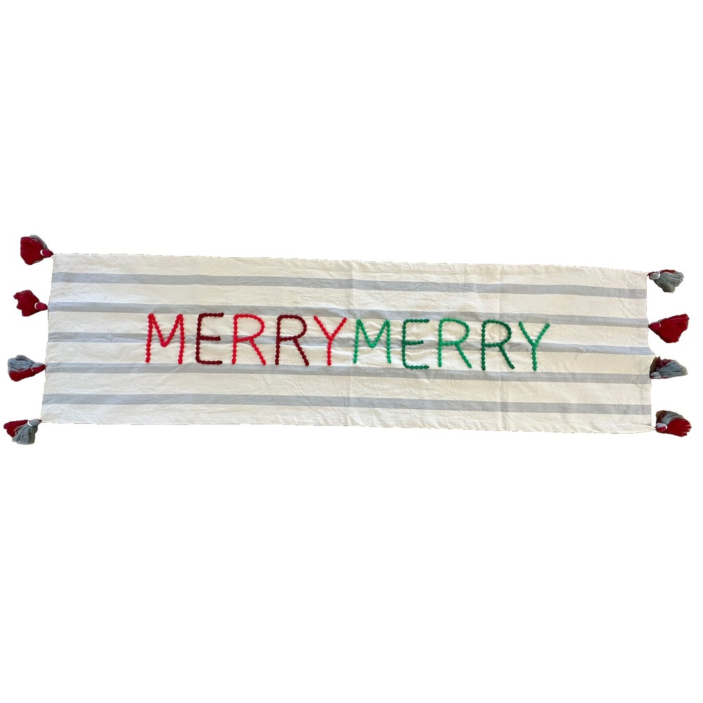 Christmas Table Runner MUDPIE 'Merry Merry' ~74" X 20" Red Green Gray Stripe NEW
